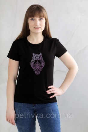 Жіноча чорна футболка в стилі CASUAL, з вишитим принтом Сова
Висока якість ткани. . фото 2