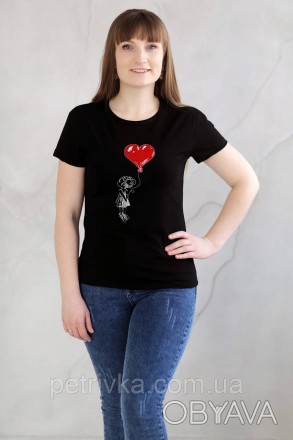 Жіноча Чорна футболка в стилі CASUAL, з вишитим принтом Дівчинка з кулькою серце. . фото 1