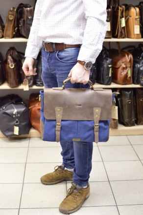 Стильная мужская сумка-портфель из парусины, с кожаным клапаном из лошадиной кож. . фото 10