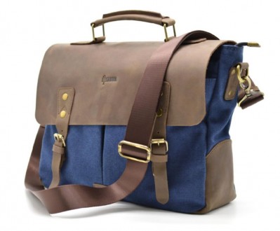 Стильная мужская сумка-портфель из парусины, с кожаным клапаном из лошадиной кож. . фото 2