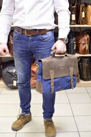 Стильная мужская сумка-портфель из парусины, с кожаным клапаном из лошадиной кож. . фото 9