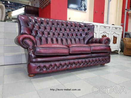 Диван трехместный Chesterfield Честерфилд. Натуральная кожа красного черного цве. . фото 1