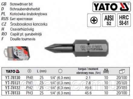 Набір насадка викрутки викруткова РН0 х 1/4" l=25 мм 10 шт YATO-78130. Тернопіль. фото 1 Набір насадка викрутки викруткова РН0 х 1/4" l=25 мм 10 шт YATO-78130. Тернопіль. фото 1