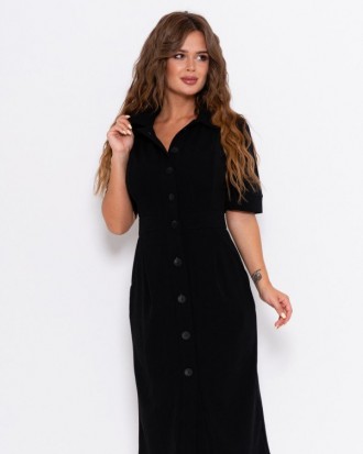 Однотонное платье-рубашка черного цвета с приталенным фасоном и складками в райо. . фото 2