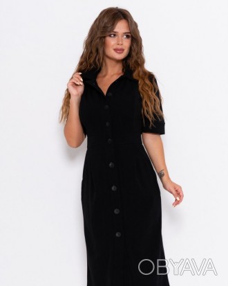 Однотонное платье-рубашка черного цвета с приталенным фасоном и складками в райо. . фото 1