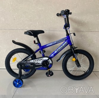
Велосипед 16" дюймов 2-х колёсный синий CORSO ручной тормоз, звоночек, доп. кол. . фото 1