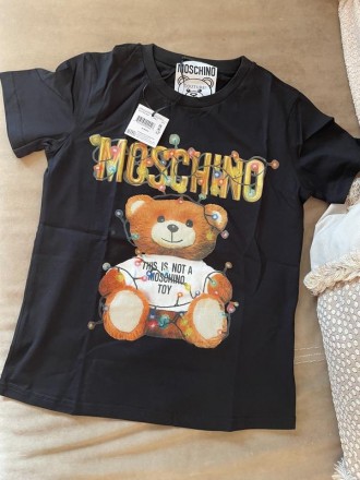Женская черная футболка Moschino Christmas Teddy Bear. Классическая футболка с к. . фото 5