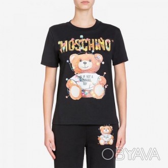 Женская черная футболка Moschino Christmas Teddy Bear. Классическая футболка с к. . фото 1