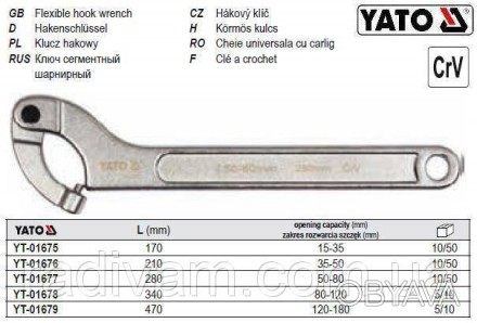 Ключ сегментний шарнірний YATO-01676
Виготовлений з міцної хром-ванадієвої сталі. . фото 1