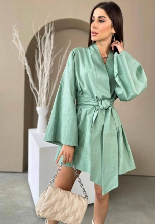 Платье халат кимоно 
Ткань лён 
Цвет оливка и белый 
Размер 42-48 универсал 
Реа. . фото 3