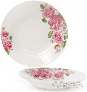 Набор суповых (порционных) тарелок "Розовые розы" из качественного белого фарфор. . фото 1