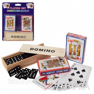 игровой набор настольных игр - домино в деревянном пенале и игральные карты 2 ко. . фото 1