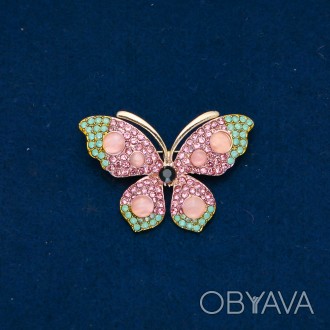 Брошка Метелик золотистий метал, рожеві, бірюзові стрази і рожеві намистини 34х4. . фото 1