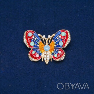 Брошка Метелик золотистий метал, емаль і білі, блакитні, салатові, рожеві стрази. . фото 1