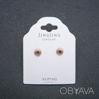 Сережки пусети кульчики Xuping Позолота 18К з сірим кристалом d-6,5мм + - купити. . фото 1