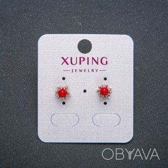 Сережки пусети кульчики Xuping Позолота 18К з червоною намистиною з білими страз. . фото 1