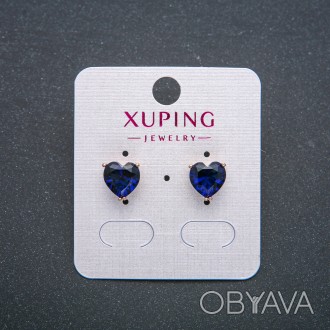 Сережки Серце Xuping Сережки пусети кульчики Позолота 18К з темно синім кристало. . фото 1