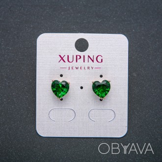 Сережки Серце Xuping Сережки пусети кульчики Позолота 18К із зеленим кристалом d. . фото 1
