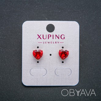 Сережки Серце Xuping Сережки пусети кульчики Позолота 18К з червоним кристалом d. . фото 1