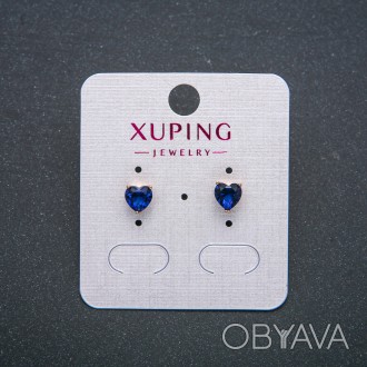 Сережки Серце Xuping Сережки пусети кульчики Позолота 18К з синім кристалом d-6м. . фото 1