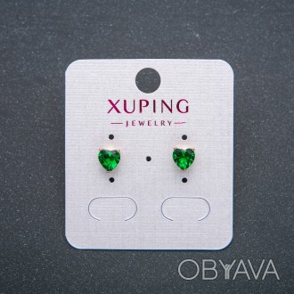 Сережки Серце Xuping Сережки пусети кульчики Позолота 18К із зеленим кристалом d. . фото 1