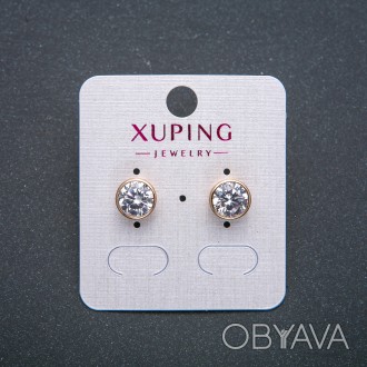 Сережки Xuping Сережки пусети кульчики Позолота 18К з білим кристалом d-9мм + - . . фото 1