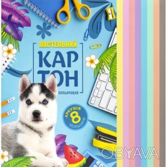 Набір картону кольорового "пастель" одностороннього в папці, 8 аркушів, формат А. . фото 1