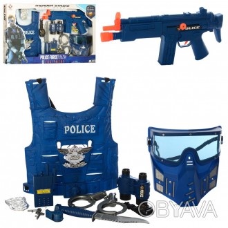 Набор полицейского P013 (12шт) автомат-трещотка,маска,жилет,наручн,бинокль,нож,к. . фото 1