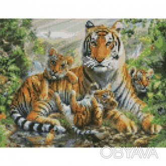 Картина по номерам с алмазной мозаикой Семья тигров от производителя Стратег Алм. . фото 1