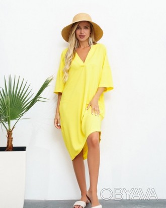 Желтое платье в стиле оверсайз с V-образной горловиной и укороченной планкой. Мо. . фото 1