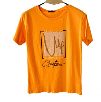 Женская оранжевая футболка со стразами. Размер S.
	
	
	Размер
 S
 M
 L
	
	
	груд. . фото 3