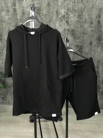 Костюм мужской летний чёрный молодёжный комплект шорты и футболка с капюшоном сп. . фото 2