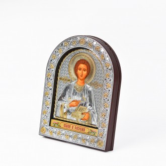 Греческая Икона Святого Пантелеймона Целителя в серебряном киоте под стеклом обр. . фото 3