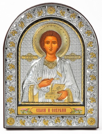 Греческая Икона Святого Пантелеймона Целителя в серебряном киоте под стеклом обр. . фото 2