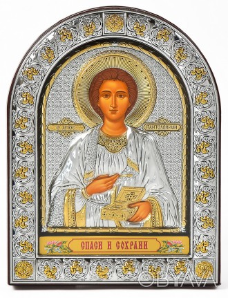 Греческая Икона Святого Пантелеймона Целителя в серебряном киоте под стеклом обр. . фото 1