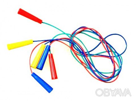 Яркая резиновая скакалка с цветными пластиковыми ручками. Длина скакалки: 2,2 м.. . фото 1