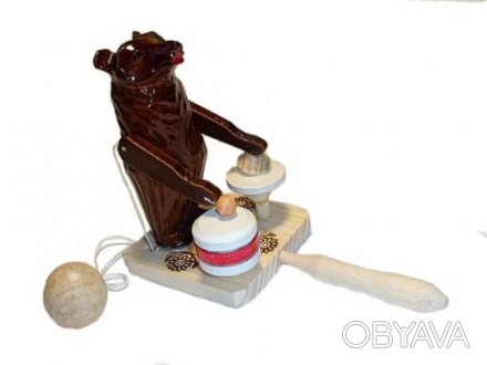 Забавная деревянная игрушка-манипулятор "Мишка-барабанщик". Если дергать веревоч. . фото 1