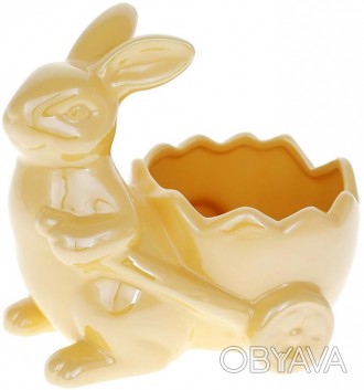Декоративное кашпо "Кролик с тележкой". Материал - керамика. Размер: 16.5х13х15с. . фото 1
