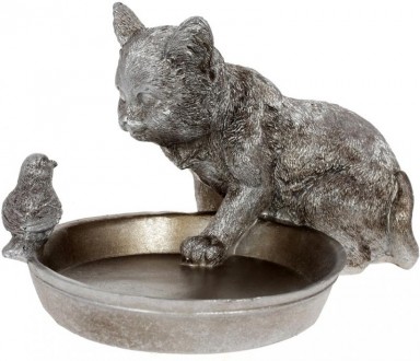 Подставка для украшений "Котик с Птичкой" 14х17.5х24см, полистоун, стальной. Київ. фото 1