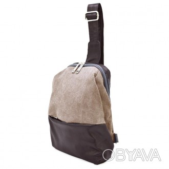 Рюкзак слинг на одно плечо из кожи и канвас TARWA GCs-1905-3md. Шлейка перестеги. . фото 1