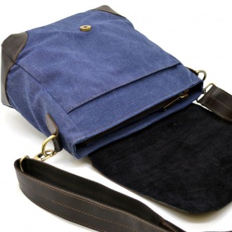 Компактная сумка-мессенджер через плечо микс ткани канваc и натуральной кожи RKc. . фото 5
