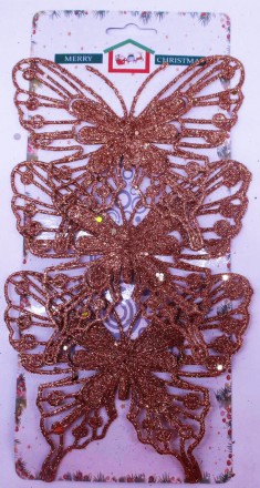 Набор елочных игрушек с блестками "Бабочки" 3шт 14см. Одесса. фото 1