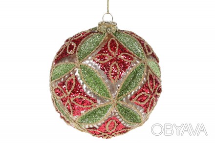 Набор (4шт) ёлочных шаров с рельефом и декором из глиттера, 10см, цвет - классич. . фото 1