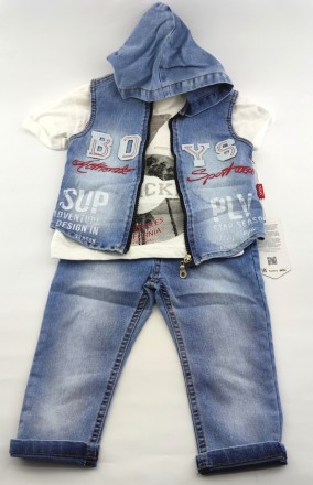 
Турецкий джинсовый костюм для мальчика, летний. Нанесён рисунок в виде надписей. . фото 2