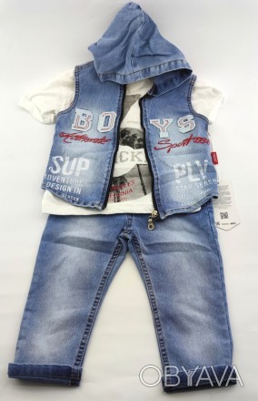 
Турецкий джинсовый костюм для мальчика, летний. Нанесён рисунок в виде надписей. . фото 1