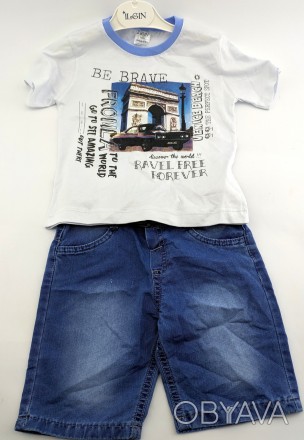 
Турецкий джинсовый костюм для мальчика. Нанесён рисунок на футболке в виде надп. . фото 1