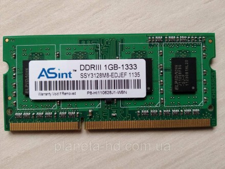 Оперативная память для ноутбука (ОЗУ)
SO-DIMM DDR3 1GB ASint
PC3-10600 (1333MHz). . фото 2