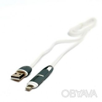 Дата кабель PowerPlant Quick Charge 2A 2-в-1 flat USB 2.0 AM – Lightning/Micro 1. . фото 1