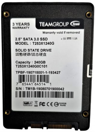 
Твердотельный накопитель SSD 240GB SATA III TLC 2.5" Team GX1 T253X1240G0C101 б. . фото 3