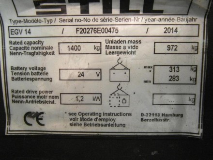 Краткое описание Still EGV14
	Номер товара: 1437
	Вид конструкции: Штабелер
	Про. . фото 6
